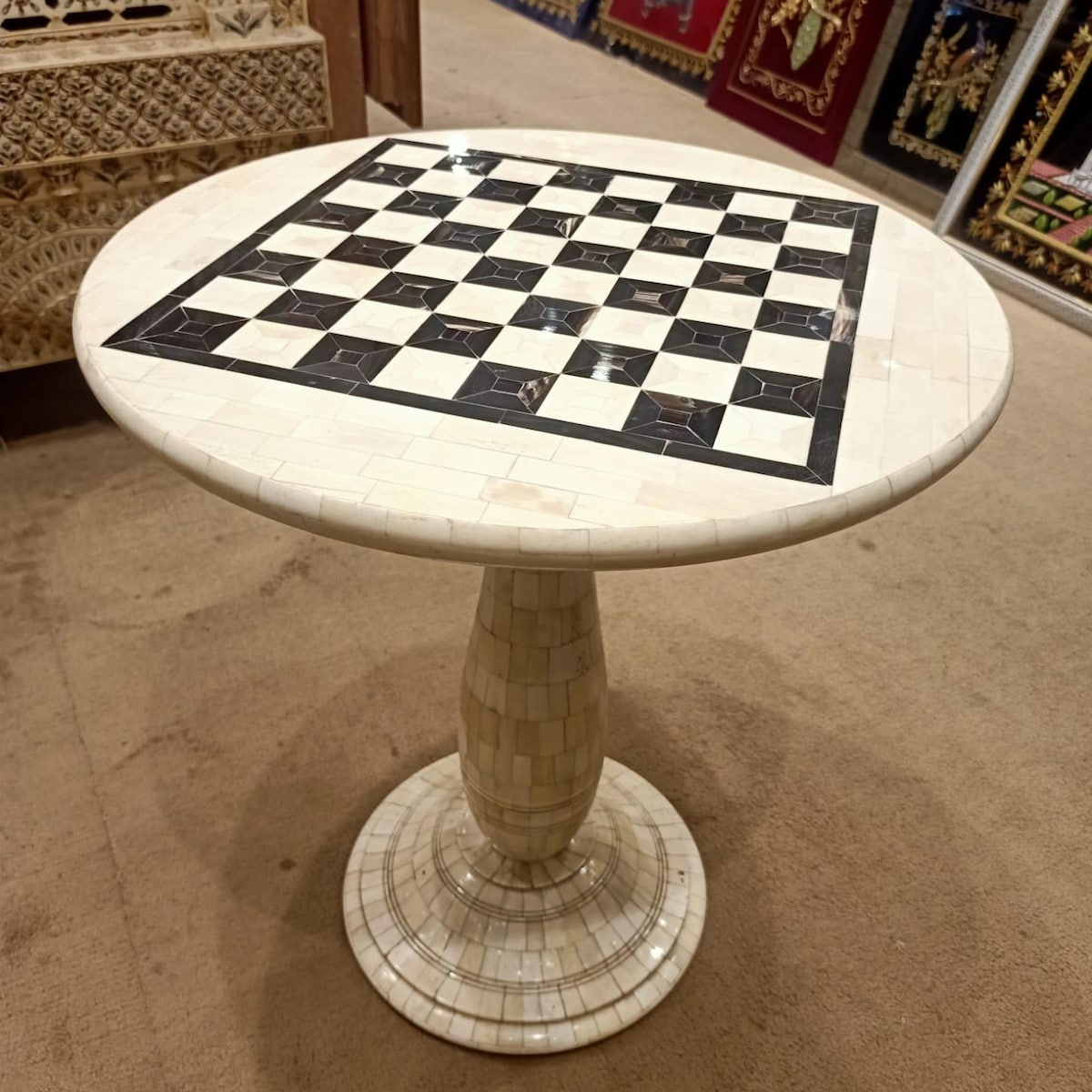 Black & White Stone-Inlay Chess Board Tabletop