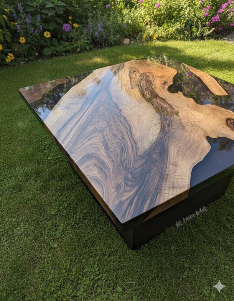 May include: Square coffee table with a unique wood grain design and a glossy, dark epoxy resin finish. The table has a dark base and is set on a green lawn. The wood grain features shades of brown and gray.