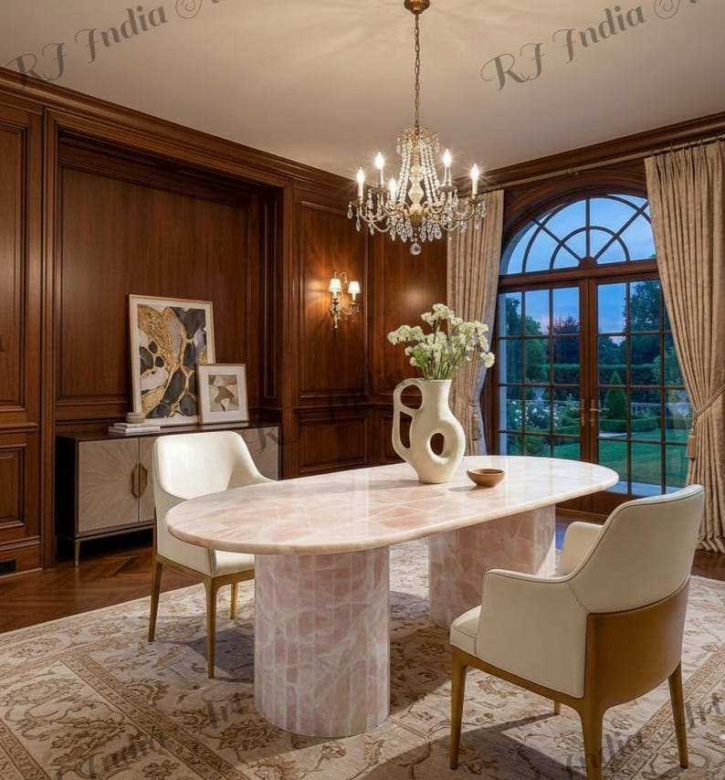 May include: Elegant dining room featuring a pink oval table with a mosaic base, surrounded by cream-colored chairs. A crystal chandelier hangs above, and a large window offers a view of the outdoors. The room has dark wood paneling and a patterned rug.