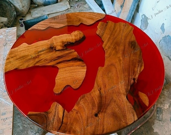 Red Epoxy Resin Live Edge Table Top: Modern Wood Art
