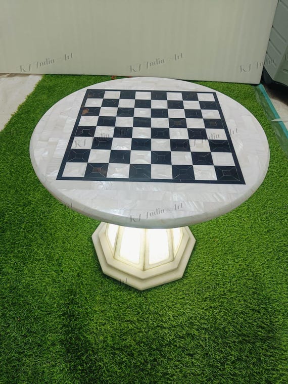Handmade Black & White Marble Chess Board Table Top: Inlay Art