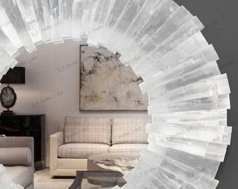 Espejo redondo de piedra selenita hecho a mano: espejo de baño para decoración del hogar.