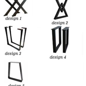 May include: Five different black metal table leg designs are displayed against a white background. The designs are labeled 1 through 5. Design 1 is an X-shaped base. Design 2 is a triangular base with a diamond in the center. Design 3 is a U-shaped base. Design 4 is a rectangular base. Design 5 is a trapezoid base.