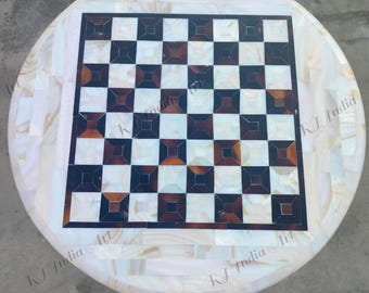 Handmade Marble Chess Board Table: Black & White Stone Inlay
