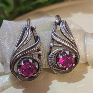 Vintage Silver Pink Ruby Red Gemstones Soviet Earrings
