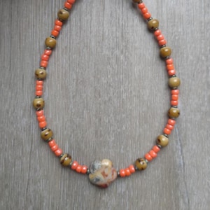 Vintage Orange Boho Wood Bead Necklace