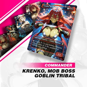 Peut inclure: Plusieurs cartes de jeu de fantasy avec des illustrations de style anime. Les cartes présentent un personnage de gobelin aux cheveux roux nommé "Krenko, Mob Boss" avec le texte "Goblin Tribal" en dessous. Les cartes ont un fond bleu et noir.