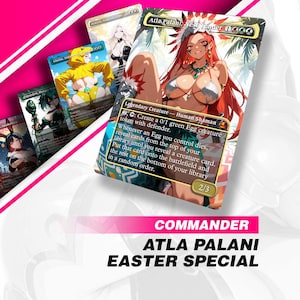 Peut inclure: Plusieurs cartes à collectionner Magic: The Gathering avec des illustrations de style anime. Les cartes présentent divers personnages, dont Atla Palani, Nest Tender, et d'autres figures aux designs colorés. Le texte "COMMANDER ATLA PALANI EASTER SPECIAL" est visible.