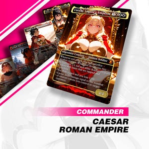 Può includere: Un set di carte collezionabili fantasy con illustrazioni di personaggi in stile anime. Le carte includono il testo "Caesar, Legion's Emperor" e "Commander Caesar Roman Empire". La carta principale raffigura una donna bionda in una cornice dorata.