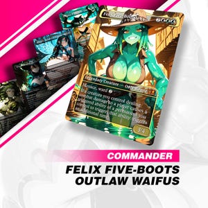 Puede incluir: Una colección de cartas coleccionables de fantasía con ilustraciones de personajes femeninos. Las cartas tienen una variedad de colores, incluyendo verde, marrón y dorado. El texto "Felix Five-Boots Outlaw Waifus" se muestra en la parte inferior de la imagen.