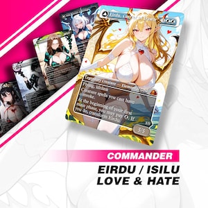 Può includere: Un gruppo di carte collezionabili fantasy con illustrazioni in stile anime. La carta principale mostra un personaggio femminile biondo con ali dorate. Il testo sulle carte include "Eirdu, Carrier of Dawn", "Legendary Creature" e "Commander".