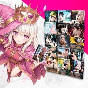 Pu&ograve; includere: Illustrazione in stile anime di una donna con abito rosa e corona d'oro, che tiene in mano carte collezionabili. Le carte presentano personaggi anime in abiti succinti. Sfondo bianco e rosa.