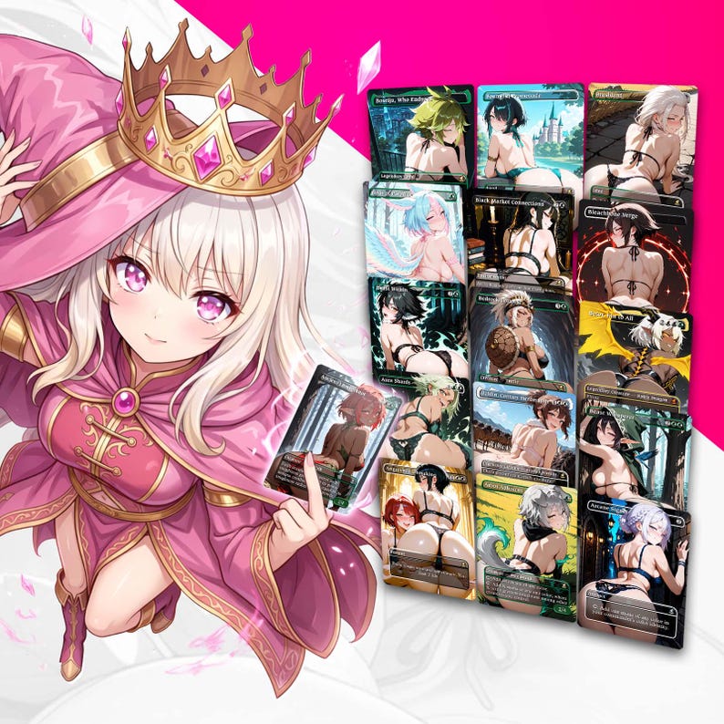Pu&ograve; includere: Illustrazione in stile anime di una donna con abito rosa e corona d'oro, che tiene in mano carte collezionabili. Le carte presentano personaggi anime in abiti succinti. Sfondo bianco e rosa.