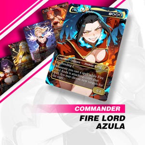 May include: A collection of fantasy trading cards featuring anime-style illustrations. The cards showcase characters with fiery themes, including a card labeled "Fire Lord Azula." The cards have a vibrant color palette with a pink background.