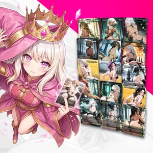 Pu&ograve; includere: Illustrazione in stile anime di una donna con un vestito rosa e una corona d'oro, che tiene in mano una carta. Viene mostrata una collezione di carte illustrate con donne in bikini.