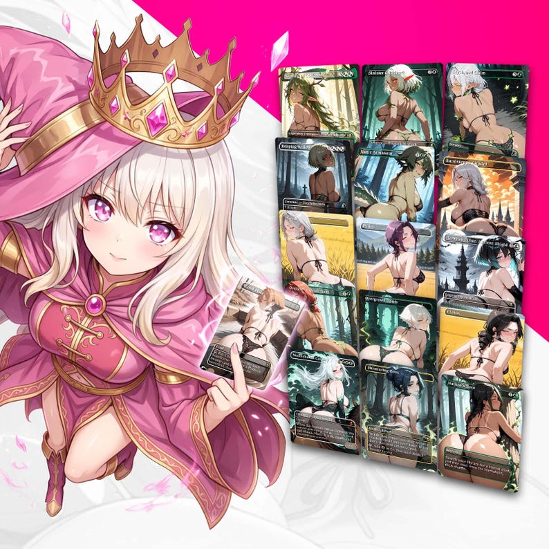 Pu&ograve; includere: Illustrazione in stile anime di una donna con un vestito rosa e una corona d'oro, che tiene in mano una carta. Viene mostrata una collezione di carte illustrate con donne in bikini.