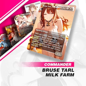 Può includere: Diverse carte collezionabili con illustrazioni in stile anime di personaggi con accessori a tema mucca. Le carte hanno testo e sono ambientate su uno sfondo rosa e bianco. Il testo sulle carte include "Bruse Tarl, Roving Rancher" e "Milk Farm".