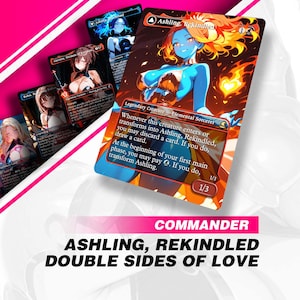 May include: A collection of fantasy trading cards featuring illustrations of female characters. The cards have vibrant colors, with one card prominently displaying a blue-skinned character with fiery orange hair. Text on the cards includes "Ashling, Rekindled."