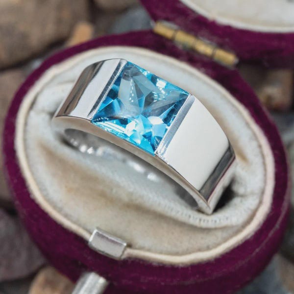 Blautopas Herrenring, 925 Sterlingsilber Ring, Blautopas Lab-Edelstein Ring, Verlobungsring, Versprechen Ring-Jubiläumsgeschenk für Sie
