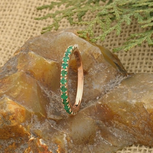 14K gold plated Emerald Wedding Band Ring, Dainty Ring Emerald Band Ring, Half Eternity Band birthstone ring Gift for mom 925 silver Jewelry