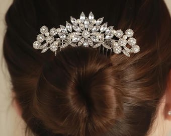Bridal Hair Comb Crystal Flower, Wedding Hair Comb Silver Red Green, Bridal Headpiece, Rhinestone Hair Accessory, Wedding Hair Jewelry