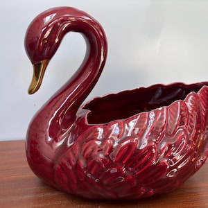Vintage Ruby red Swan planter with golden beak