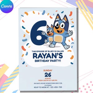 Bewerkbare Bluey-verjaardagsuitnodiging, digitale verjaardagsuitnodiging, uitnodiging voor verjaardagsfeestje zomer, uitnodiging zwembad, canvas