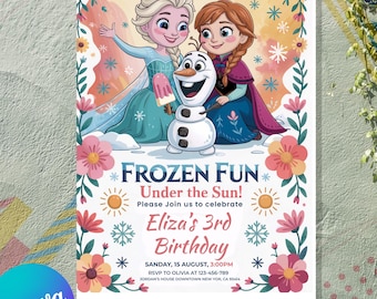 May include: A colorful invitation featuring Elsa, Anna, and Olaf from Frozen. The invitation is for Eliza's 3rd birthday, with details including the date, time, and RSVP information. Floral and snowflake accents frame the text.