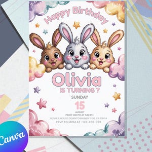 Convite fofo para festa de coelho em tons pastéis para crianças | Convite fofo para festa de coelho em tons pastéis | Download digital editável para aniversário de menina