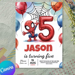 May include: A birthday party invitation featuring a cartoon Spider-Man character, a large red number 5 balloon, and the name "JASON". The invitation includes the text "is turning five", date, time, and RSVP information. Red, blue, and orange balloons are in the background.