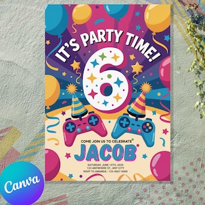 6. Geburtstag Party Einladung Vorlage - Videospiel Party Einladung, Level Up Geburtstagseinladung, Videospieler Junge Vorlage Arcade