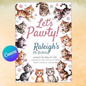 Watercolor Kitty Cat Birthday Party Invite Template, Kitten Birthday Invitation, Let&#39;s Pawty, CA1542875