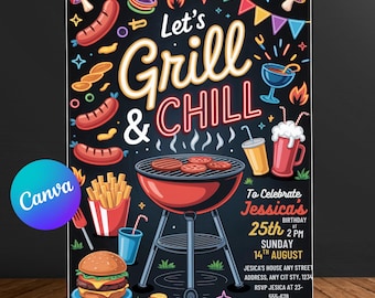 Birthday Cookout Invite Girl, Barbeque Birthday Invitation, BBQ Invitation, Let&#39;s grill and chill text invitation backyard BBQ
