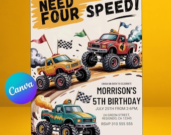 Bewerkbare Monster Truck 4e verjaardagsuitnodiging, thema vier snelheden nodig, afdrukbare jongen feestuitnodiging, Monster Jam-stijl, TM6587454