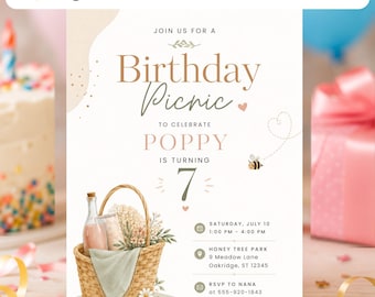 Picnic Birthday Invitation Template | Watercolor Teddy Bear Birthday Canva Printable | Editable Girl 7th Digital Party Invite