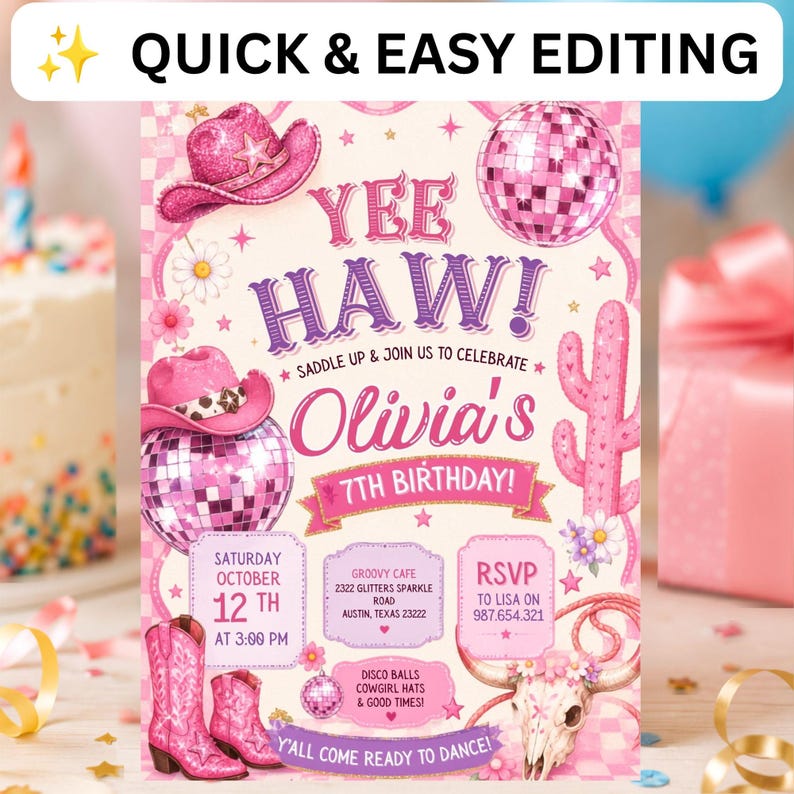 Pink Cowgirl Birthday Invitation Template | Disco Rodeo Birthday ...