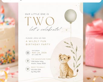 Born Two Be Wild Birthday Invitation Template | Lion Safari 2nd Birthday Canva Printable | Editable Watercolor Digital Jungle Party Invite