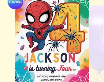 Edytowalne, kolorowe zaproszenie urodzinowe z motywem czwartego Spidermana, zaproszenie urodzinowe dla dzieci Spidermana, czwarte urodziny Amazing Friends, urodziny superbohaterów