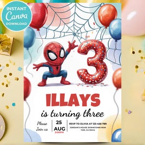 Pode incluir: Um convite de aniversário com um personagem de desenho animado do Homem-Aranha, balões vermelhos e o número 3. O texto diz "ILLAYS está fazendo três anos" com detalhes do evento. O logotipo do Canva está no canto superior esquerdo.