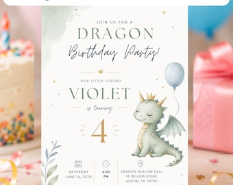 Dragon 4th Birthday Invitation Template | Calling All Dragons Birthday Canva Printable | Editable Cute Watercolor Digital Kids Party Invite