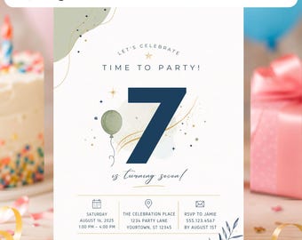 7th Birthday Invitation Template | Watercolor Number Seven Birthday Canva Printable | Editable Colorful Digital Kids Party Invite