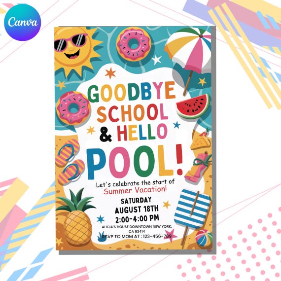 Goodbye School Hello Pool Invitation Canva | Summer Break Pool Party Editable Download