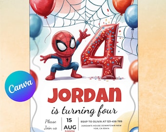 Invito per il 4° compleanno di Spidey: modello modificabile (download digitale) Facile da modificare su Canva
