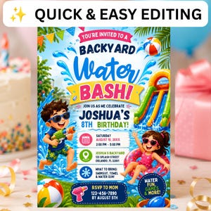 Könnte beinhalten: Eine digitale Einladung für eine Garten-Wasserparty zum Geburtstag mit einem Jungen mit Wasserpistole und einem Mädchen im Schwimmring. Der Text lautet: QUICK & EASY EDITING, YOU'RE INVITED TO A BACKYARD WATER BASH, JOSHUA'S 8TH BIRTHDAY.
