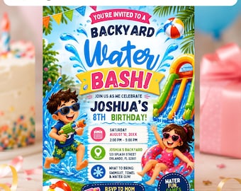 Backyard Water Bash Birthday Invitation Template | Summer Splash Party Invite | Editable Canva Instant Download Printable Digital