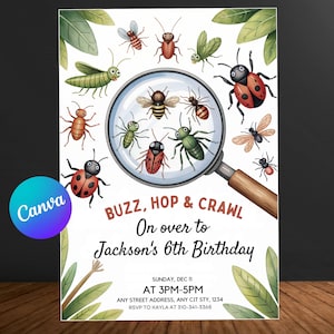 May include: A birthday invitation card featuring a magnifying glass centered over various colorful illustrated insects. The text reads: BUZZ, HOP & CRAWL On over to Jackson's 6th Birthday, SUNDAY, DEC 11 AT 3PM-5PM, ANY STREET ADDRESS, ANY CIT STY, 1234, RSVP TO KAYLA 310-341-3368.