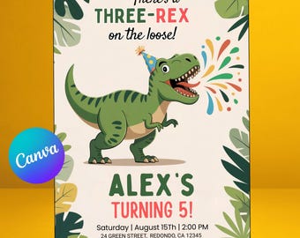 Three Rex Dinosaur Birthday Invitation Template | Boys 3rd Birthday Dino Party Invite | Editable Canva Instant Download Printable Digital