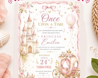 Princess First Birthday Invitation Template | One-ce Upon a Time Castle Party Invite |  for Girls