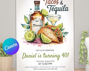 Editable Tacos & Tequila Birthday Invitation Template | Digital Download | Printable Fiesta Party Invite for Adults | Canva Customize