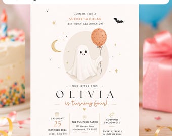 Halloween 4th Birthday Invitation Template | Pumpkin Trick or Treat Birthday Canva Printable | Editable Cute Digital Kids Party Invite